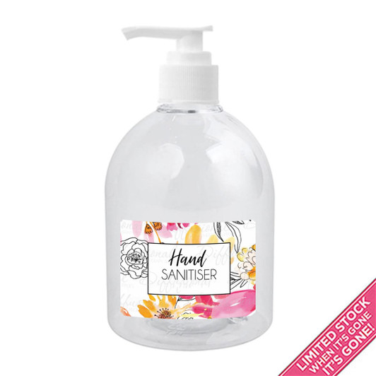 A clear bottle of hand sanitiser gel with a pump top, featuring a floral design. Contains 500ml of product.