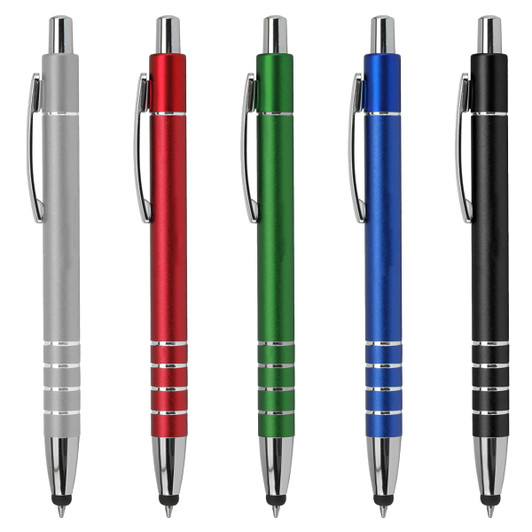 A collection of five metal stylus pens in silver, red, green, blue, and black, each featuring a clip and shiny accents.