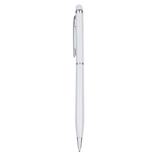 A white stylus pen with silver accents and a clip, featuring a rounded tip for touchscreen use.