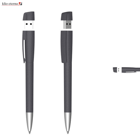 A USB pen in grey with a soft grip, featuring a USB connector and a clip for easy portability.