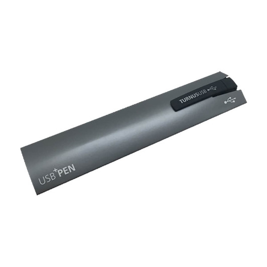 A USB pen in grey with a soft grip design, featuring a USB connection and branding.