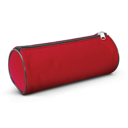 A red cylindrical pencil case with a zipper and a subtle logo on the side.