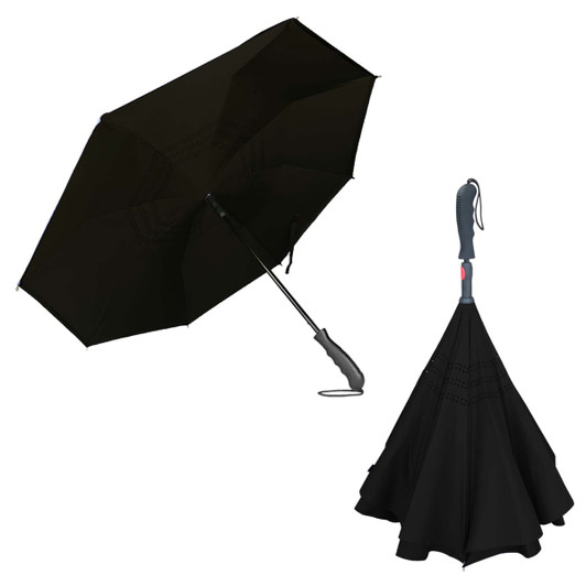 A black inverted umbrella with a curved handle, displayed open and closed, featuring a logo on the handle.