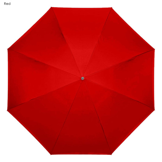 A red inverted umbrella with eight panels and a central silver button. It features a logo on its handle.