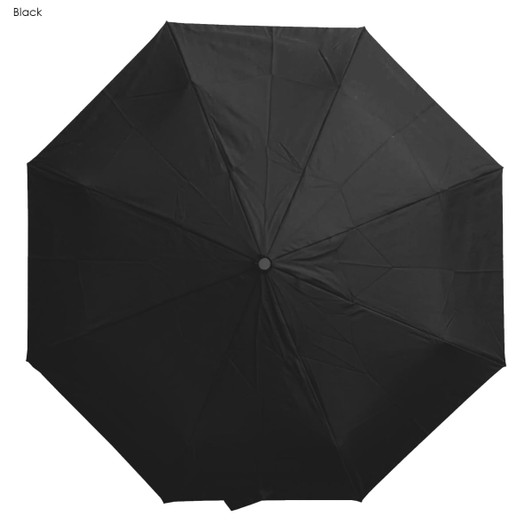 A black Windsor umbrella with a sleek, octagonal design and a central button. It features a logo on the handle.