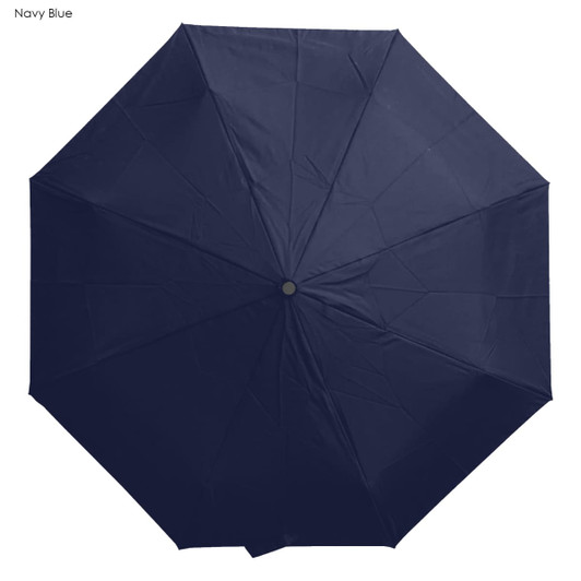 A navy blue umbrella with a central button and a lightweight design. It features a branding logo.