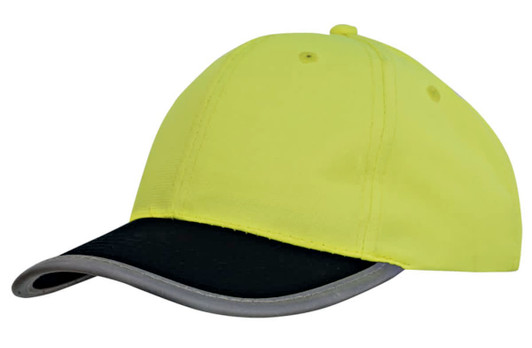 A bright yellow cap with a black peak and reflective trim, featuring a logo on the front.