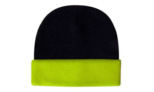 A black beanie with a bright yellow cuff, featuring a logo on the side.