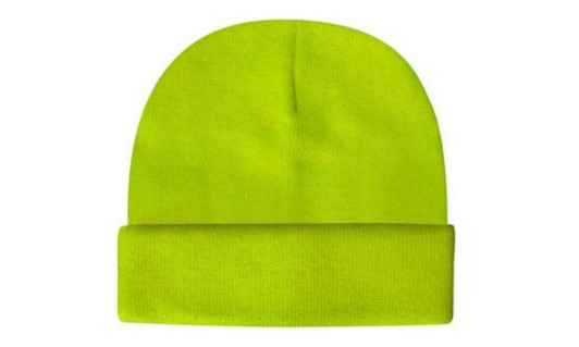 A luminescent safety beanie in bright yellow, featuring a foldable cuff, with a logo visible.