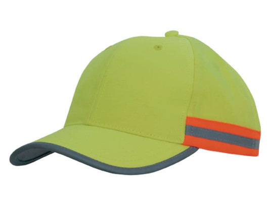 A hi-vis cap in bright yellow with reflective tape and a grey peak, featuring a branding logo.