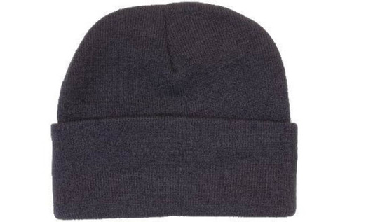 Acrylic beanie in dark grey with a Thinsulate lining, featuring a folded cuff and a logo.