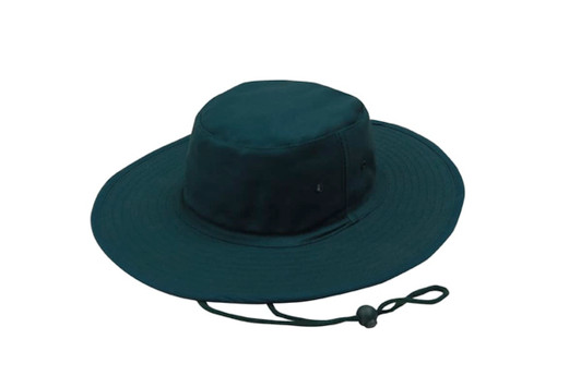 A dark green canvas hat with a wide brim and adjustable string. Contains a logo.