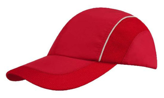 A red cap featuring woven fabric with mesh side panels and a peak, also includes a logo.