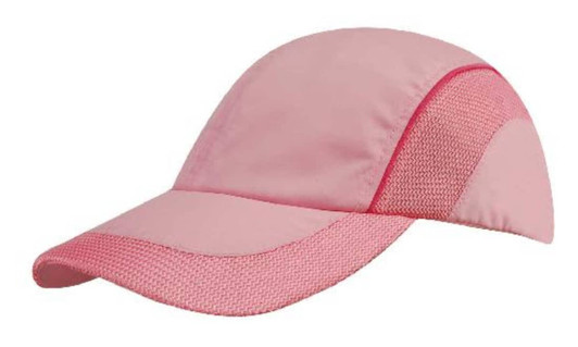 A pink woven fabric cap featuring mesh side panels and a peak, complemented by a logo.