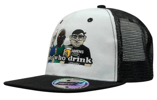 A black and white snapback cap featuring a cartoon graphic of three characters. The cap has a branded logo.