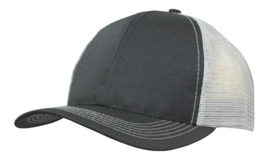 A grey cap with a breathable mesh back and a curved brim, featuring a logo on the front.