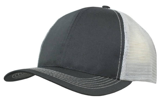 A grey cap with a breathable mesh back and contrasting stitching, featuring a logo on the front.