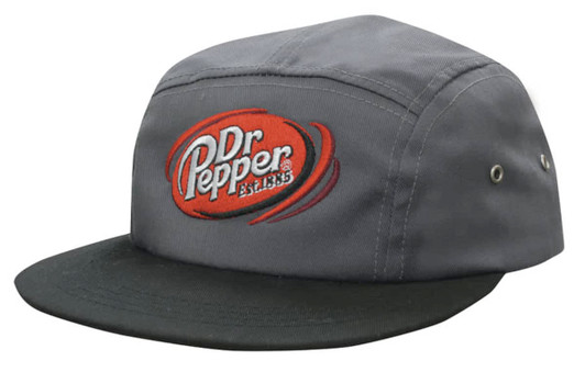 A grey and black cap featuring an embroidered logo. It has ventilation holes on the sides and a flat brim.