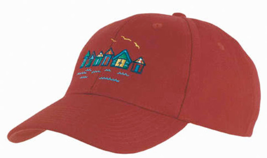 A maroon cap featuring an embroidered design of colourful houses and water, along with a logo on the front.