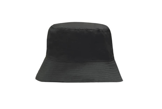 A black recycled breathable poly twill bucket hat with a wide brim and a simple design. It features a logo.