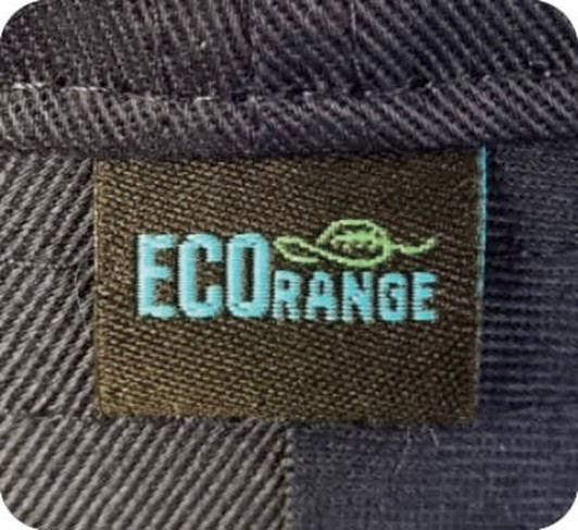 A black fabric tag featuring the words "ECO RANGE" in blue, with a small hat icon above the text.