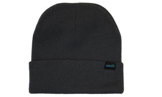 A grey beanie with a folded cuff and a small logo tag. Made with recycled materials.