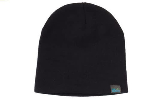 A black roll down beanie made from recycled materials, featuring a small logo tag.