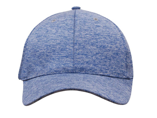 A blue marled cap made from textured fabric, featuring a logo on the front.
