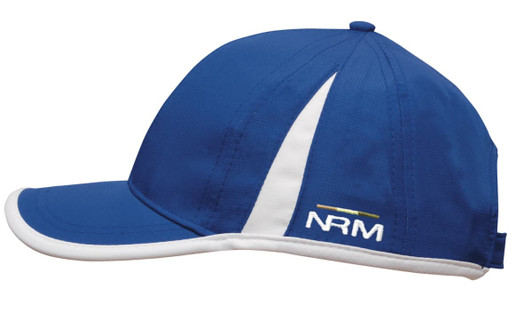 A blue cap featuring white trim and a logo. The cap has a structured design suitable for headwear.