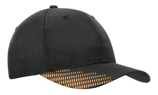 A black cap featuring a breathable poly twill design with a peak flash print in orange. It includes a logo.