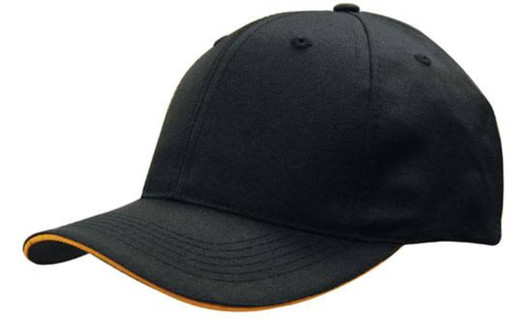 A black cap with sandwich trim in orange, featuring a rounded crown and curved brim. It has a logo on the front.