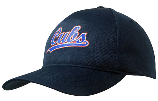 A navy blue cap made from breathable poly twill, featuring a logo on the front.