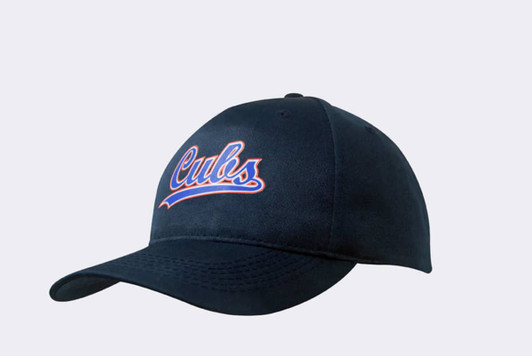 A navy cap featuring a logo and contrasting lettering. The cap has a curved peak and breathable fabric.