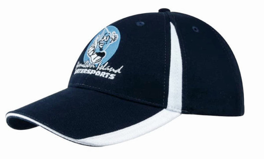 A navy blue cap with white accents, featuring an embroidered logo on the front.