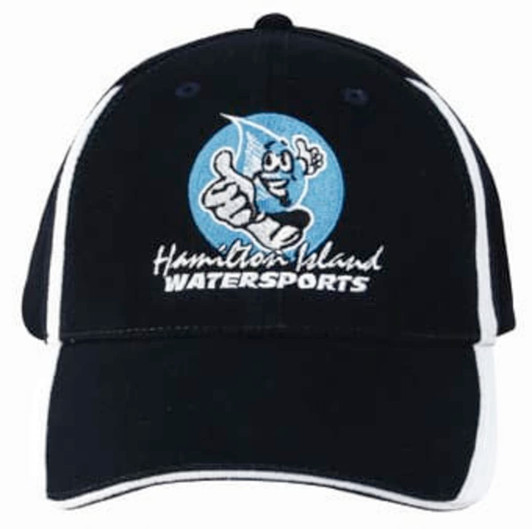 A black cap with white accents, featuring a logo on the front and inserts on the peak and crown.