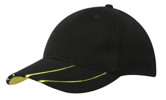 A black cap with hi-vis laminated yellow accents on the peak, featuring a logo.