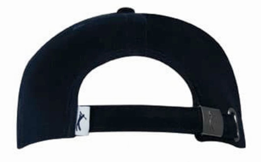 A black cap with a brushed heavy cotton fabric, featuring an embossed PU peak and a silver strap adjustment.