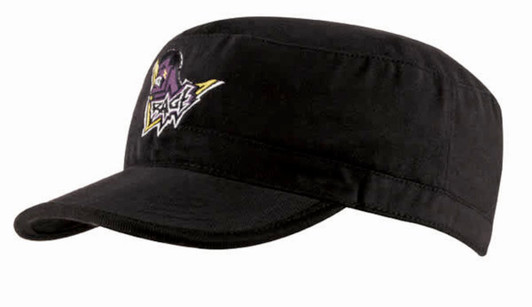 A black military cap featuring a logo on the front, designed for casual headwear.