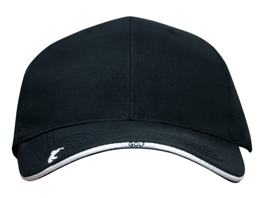 A black cap featuring peak embroidery and a logo, designed for sports and outdoor activities.