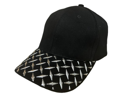 A black cap featuring a checker plate design on the peak and a logo on the front.