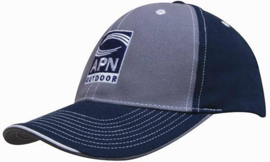 A two-tone cap in navy and grey with contrasting stitching and a logo on the front.