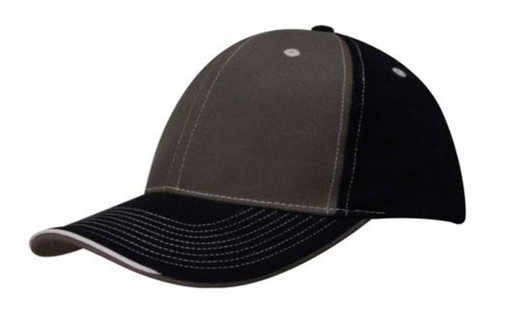 A two-tone cap featuring brushed heavy cotton in olive green and black, with contrasting stitching and an open lip sandwich.