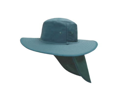 A teal canvas sun hat with a wide brim and neck flap, featuring small decorative details.