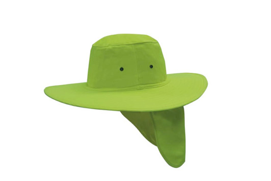 A bright green canvas sun hat with a wide brim and a neck flap, featuring two small ventilation holes.