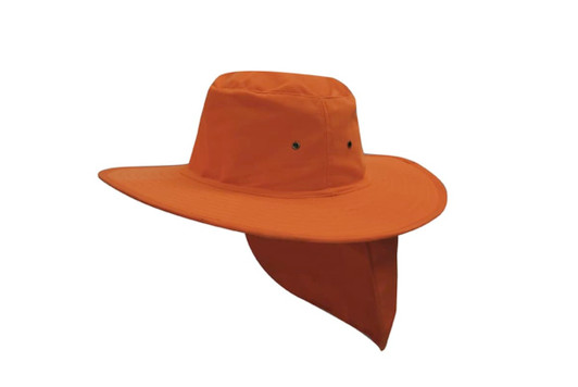 An orange canvas sun hat with a wide brim and neck flap. It features ventilation holes and has a logo.