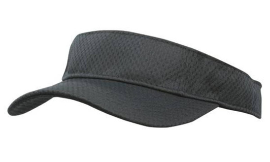 A sports mesh visor in black with a wide brim and breathable fabric, featuring a logo.