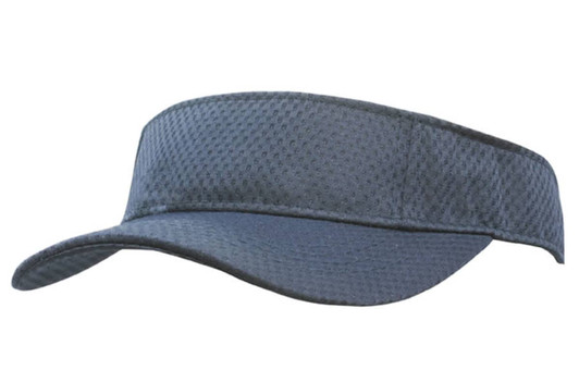 A dark grey sports mesh visor with a wide brim and a textured fabric. It features a branding logo.
