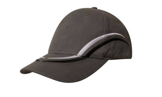 A dark grey cap featuring curved white embroidery on the crown and peak, with a logo present.