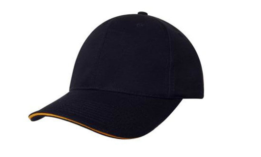 A black cap with sandwich trim, featuring a curved brim and a logo on the front.