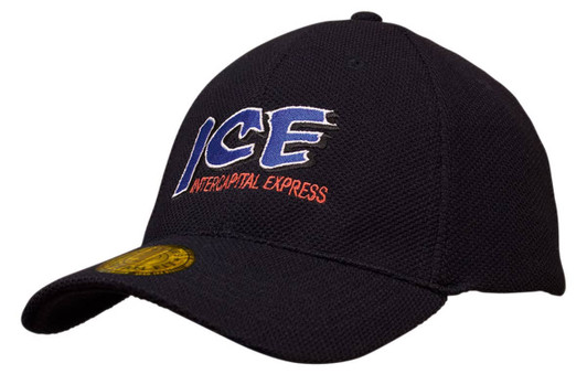 A black cap featuring an embroidered logo with blue and red text. It has a fitted design and textured mesh fabric.
